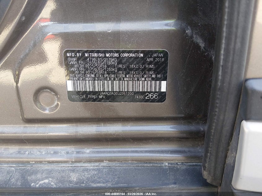 2018 Mitsubishi Outlander VIN JA4AD3A30JZ061200 IAAI salvage auction — FRONT END, Clear (Missouri), sold $2,850 on 2026-07-17 (photo 9)
