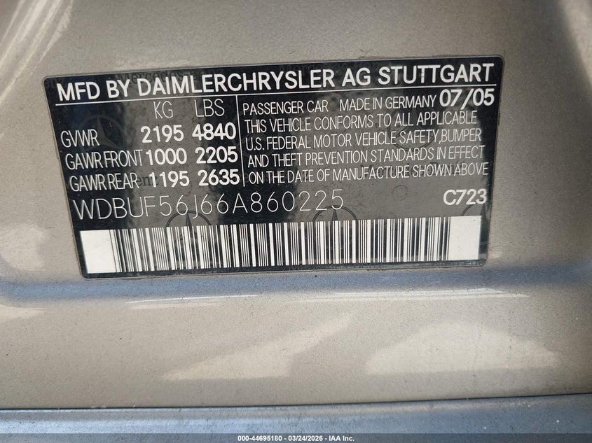2006 Mercedes-benz E-klasse VIN WDBUF56J66A860225 IAAI salvage auction — RIGHT FRONT, Salvage (California), sold $450 on 2026-08-05 (photo 9)