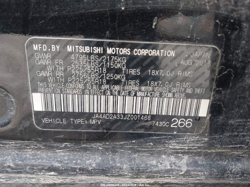 2018 Mitsubishi Outlander VIN JA4AD2A33JZ001468 IAAI salvage auction — FRONT END, Wait Title, sold $2,700 on 2026-07-29 (photo 9)
