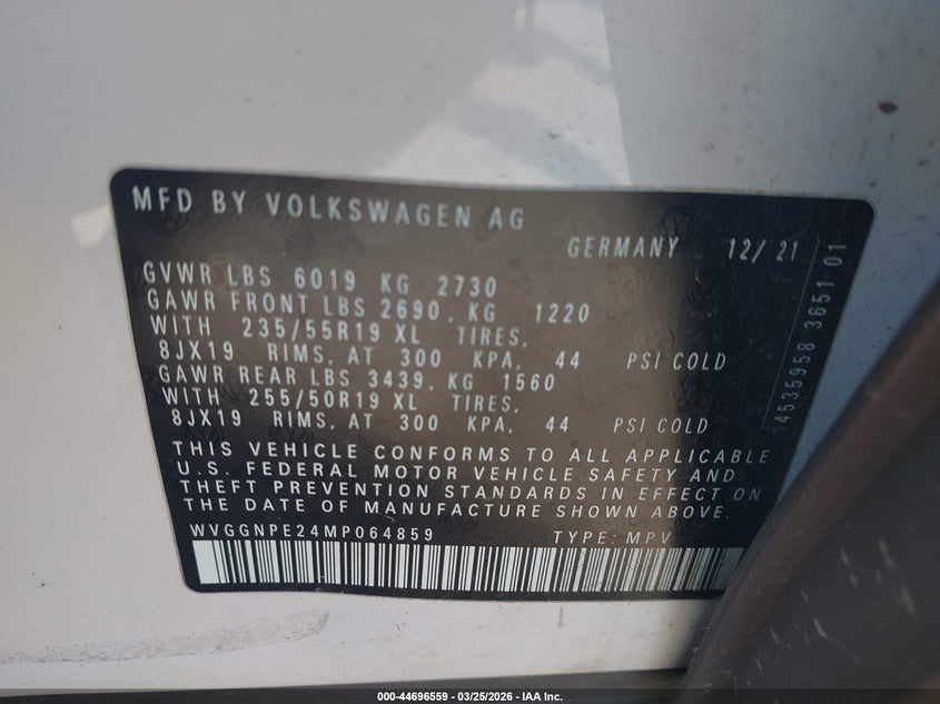 2021 Volkswagen Id.4 VIN WVGGNPE24MP064859 IAAI salvage auction — ALL OVER, Original (Texas), sold $5,600 on 2026-07-09 (photo 9)