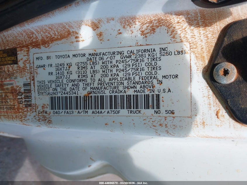 2007 Toyota Tacoma VIN 5TETU62N37Z445341 IAAI salvage auction — WATER/FLOOD, Salvage (Hawaii), sold $1,300 on 2026-07-14 (photo 9)