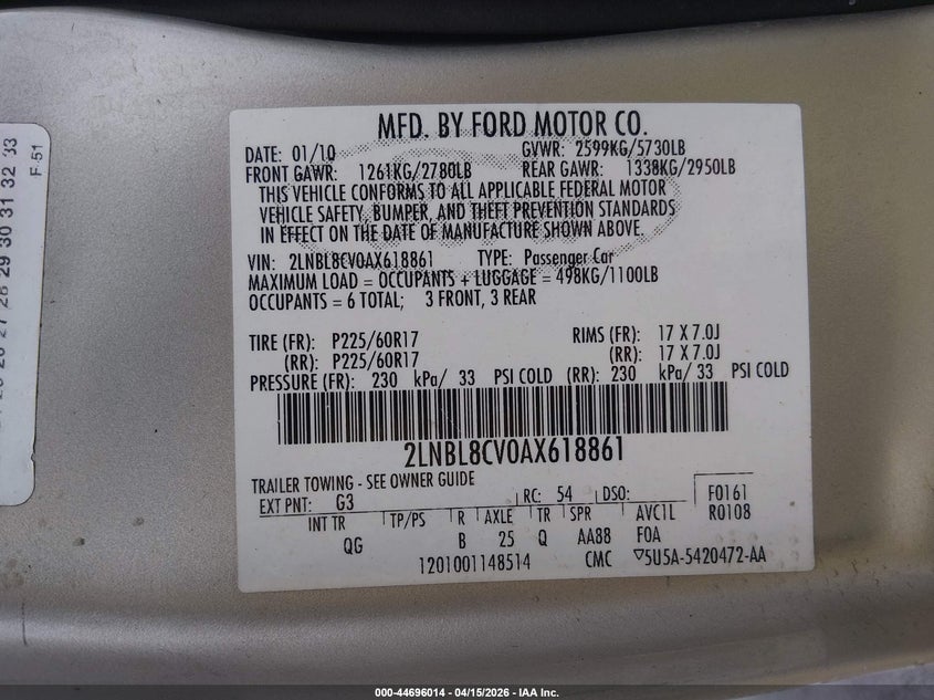 2010 Lincoln TOWN CAR VIN 2LNBL8CV0AX618861 IAAI salvage auction — WATER/FLOOD, Salvage (Hawaii), sold $50 on 2026-07-24 (photo 9)