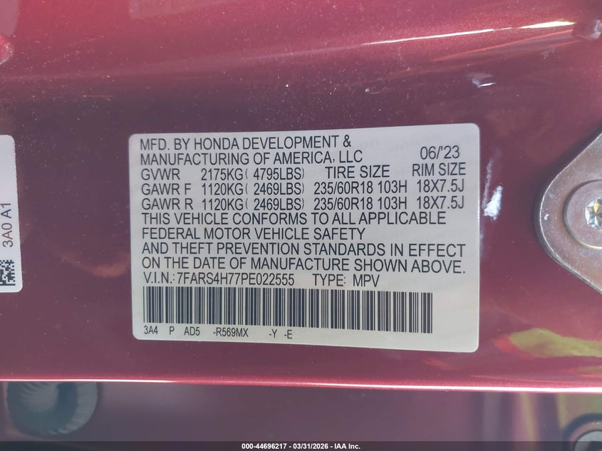 2023 Honda Cr-v VIN 7FARS4H77PE022555 IAAI salvage auction — FRONT END, Clear (Oklahoma), sold $14,825 on 2026-07-08 (photo 9)