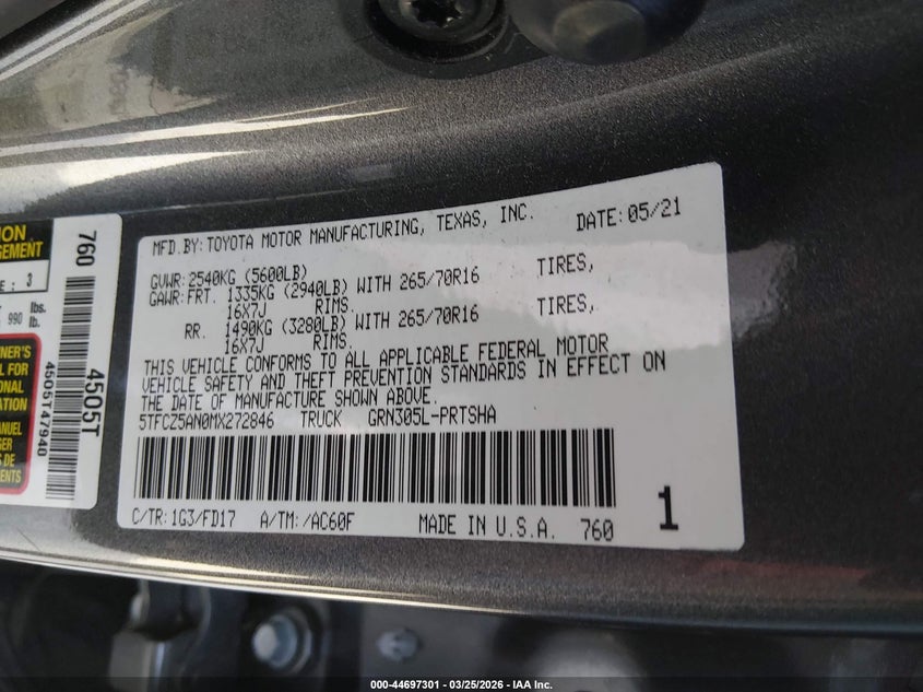 2021 Toyota Tacoma VIN 5TFCZ5AN0MX272846 IAAI salvage auction — FRONT END, Wait Title, sold $10,400 on 2026-07-29 (photo 9)