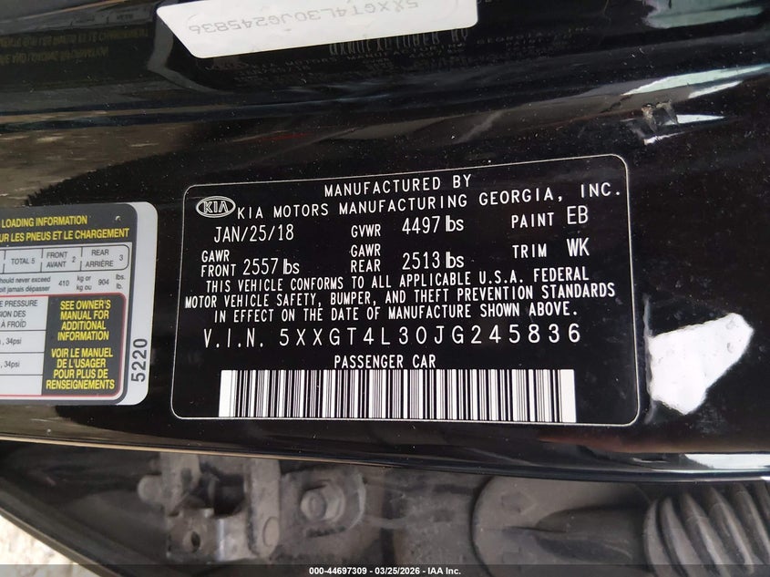 2018 Kia Optima VIN 5XXGT4L30JG245836 IAAI salvage auction — RIGHT SIDE, Wait Title, sold $925 on 2026-07-23 (photo 9)