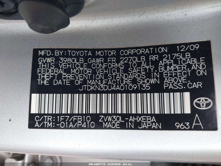 2010 Toyota Prius VIN JTDKN3DU4A0109135 IAAI salvage auction — FRONT END, Salvage - Greater Than 75% (Maryland), sold $1,050 on 2026-07-30 (photo 9)