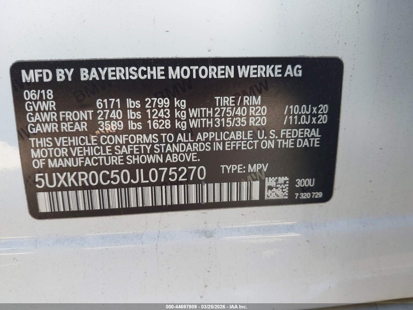 2018 BMW X5 VIN 5UXKR0C50JL075270 IAAI salvage auction — LEFT FRONT, Wait Title, sold $9,200 on 2026-07-15 (photo 9)
