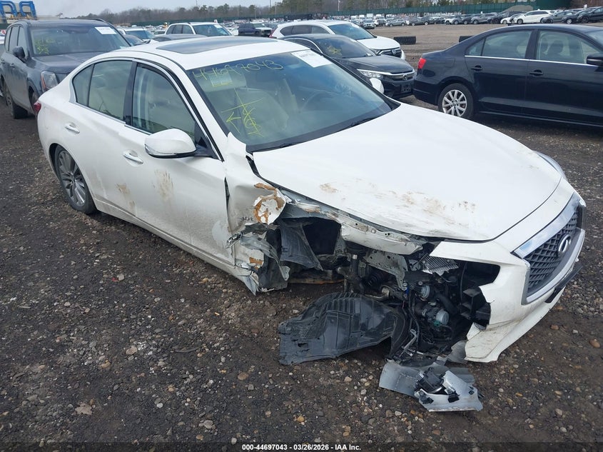 2019 Infiniti Q50 VIN JN1EV7AR9KM593708 IAAI salvage auction — FRONT & REAR, Wait Title, sold $3,050 on 2026-07-07 (photo 1)