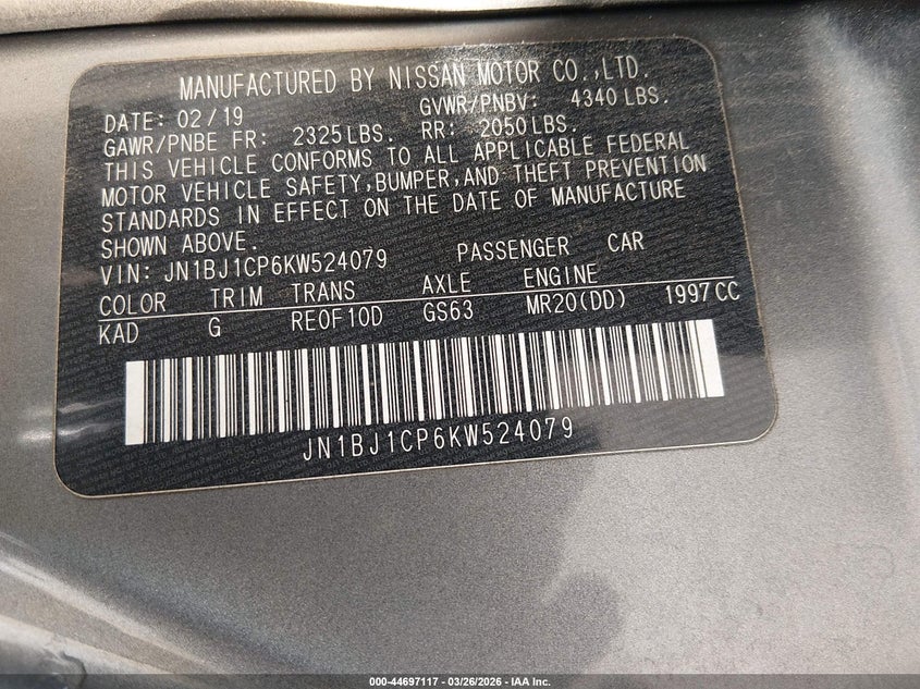 2019 Nissan Rogue VIN JN1BJ1CP6KW524079 IAAI salvage auction — FRONT END, Wait Title, sold $2,250 on 2026-07-15 (photo 9)