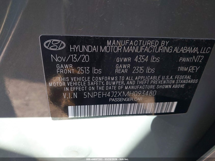2021 Hyundai Sonata VIN 5NPEH4J2XMH093480 IAAI salvage auction — REAR END, Wait Title, sold $8,100 on 2026-07-05 (photo 9)