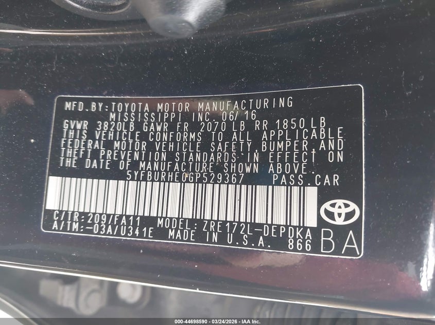 2016 Toyota Corolla VIN 5YFBURHE0GP529367 IAAI salvage auction — FRONT END, Wait Title, sold $925 on 2026-08-21 (photo 9)