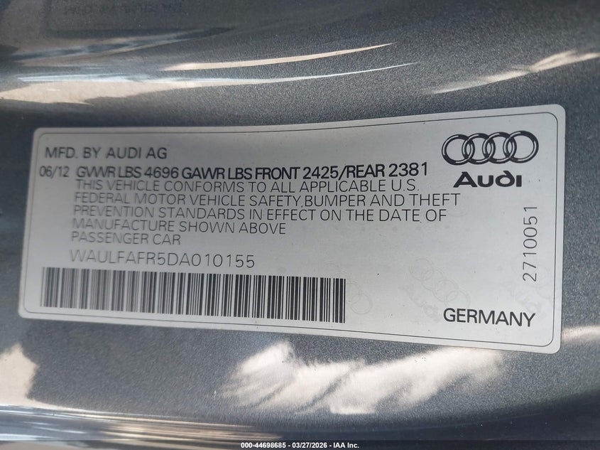 2013 Audi A5 VIN WAULFAFR5DA010155 IAAI salvage auction — LEFT SIDE, Salvage (Oregon), sold $1,425 on 2026-07-14 (photo 9)