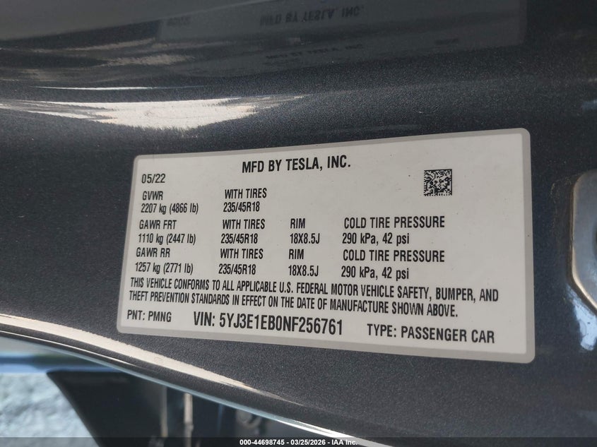 2022 Tesla Model 3 VIN 5YJ3E1EB0NF256761 IAAI salvage auction — FRONT END, Wait Title, sold $8,600 on 2026-07-08 (photo 9)