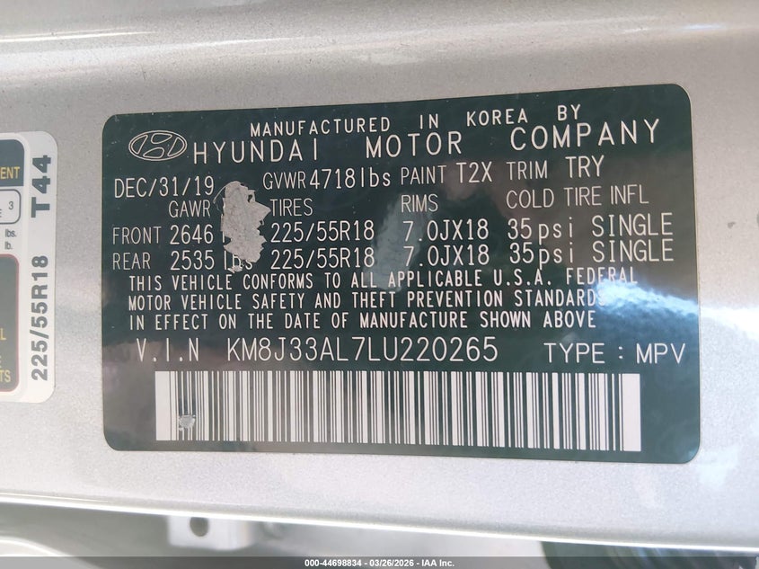 2020 Hyundai Tucson VIN KM8J33AL7LU220265 IAAI salvage auction — REAR END, Wait Title, sold $4,475 on 2026-07-24 (photo 9)