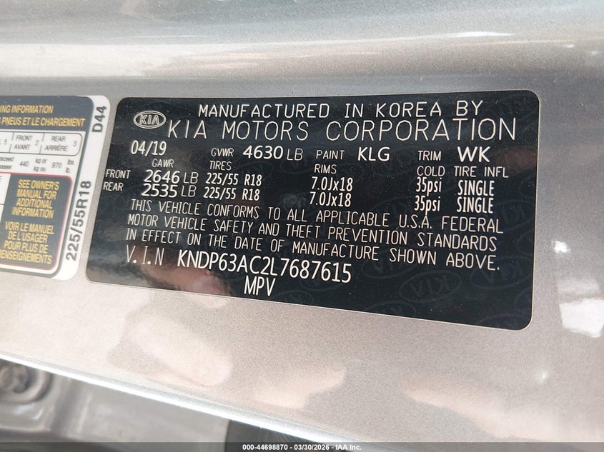 2020 Kia Sportage VIN KNDP63AC2L7687615 IAAI salvage auction — RIGHT SIDE, Clear (New Mexico), sold $4,100 on 2026-07-13 (photo 9)