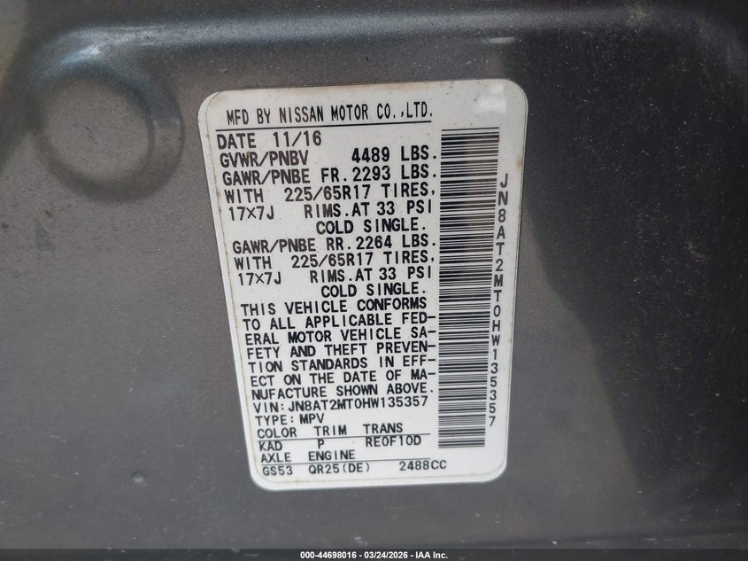 2017 Nissan Rogue VIN JN8AT2MT0HW135357 IAAI salvage auction — FRONT END, Wait Title, sold $3,350 on 2026-07-23 (photo 9)
