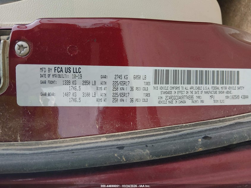 2019 Dodge Caravan VIN 2C4RDGCG4KR774595 IAAI salvage auction — RIGHT SIDE, Clear (Missouri), sold $625 on 2026-07-05 (photo 9)