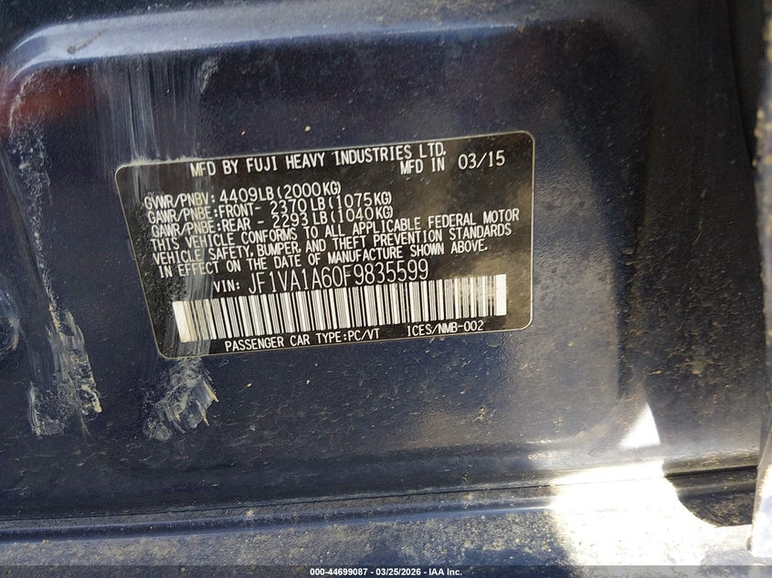 2015 Subaru Wrx VIN JF1VA1A60F9835599 IAAI salvage auction — FRONT & REAR, Salvage (New Mexico), sold $2,150 on 2026-07-07 (photo 9)