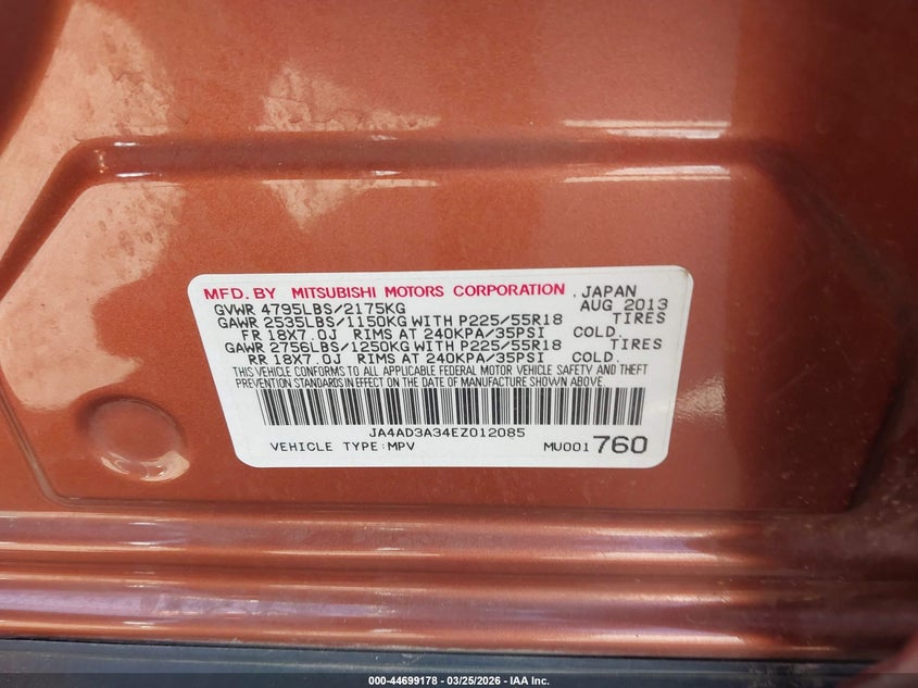 2014 Mitsubishi Outlander VIN JA4AD3A34EZ012085 IAAI salvage auction — RIGHT FRONT, Clear (Oklahoma), sold $875 on 2026-07-22 (photo 9)