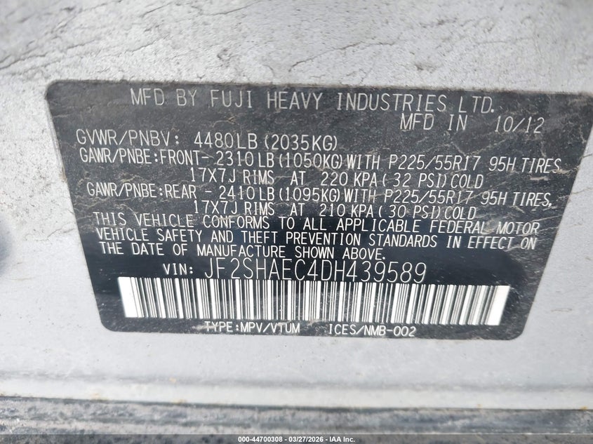 2013 Subaru Forester VIN JF2SHAEC4DH439589 IAAI salvage auction — FRONT END, Mv-907A (New York), sold $1,150 on 2026-07-16 (photo 9)