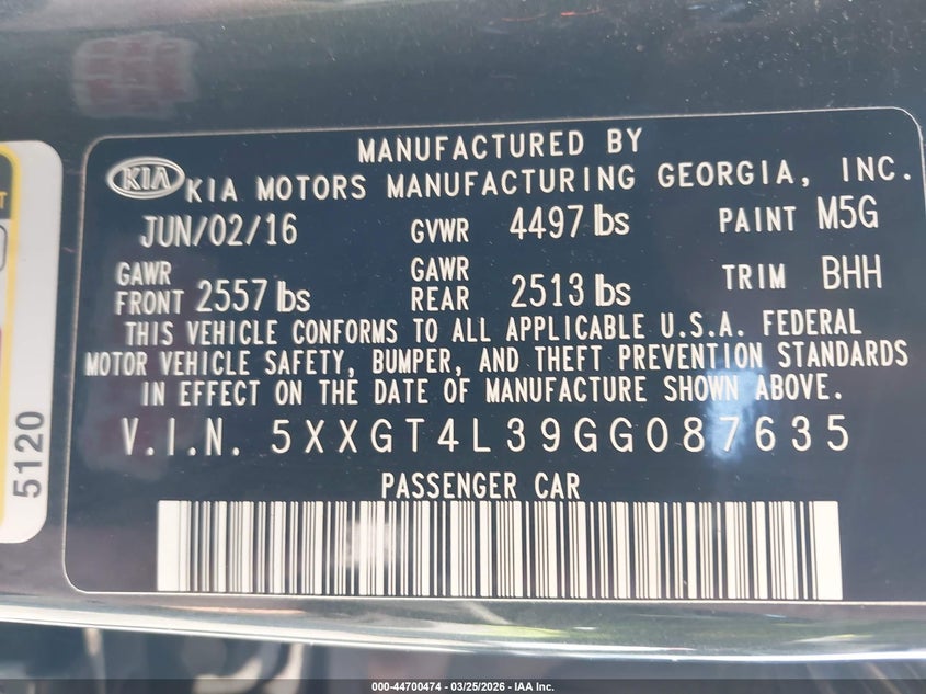 2016 Kia Optima VIN 5XXGT4L39GG087635 IAAI salvage auction — REAR END, Wait Title, sold $2,250 on 2026-07-19 (photo 9)