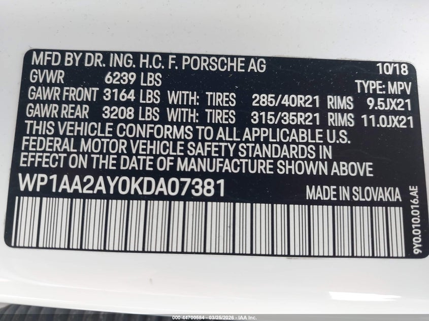 2019 Porsche Cayenne VIN WP1AA2AY0KDA07381 IAAI salvage auction — FRONT END, Wait Title, sold $11,500 on 2026-07-09 (photo 9)