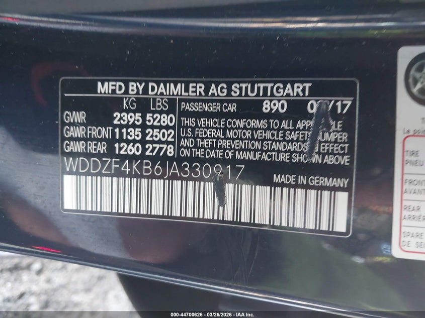 2018 Mercedes-benz E-klasse VIN WDDZF4KB6JA330917 IAAI salvage auction — LEFT REAR, Wait Title, sold $3,950 on 2026-07-27 (photo 9)