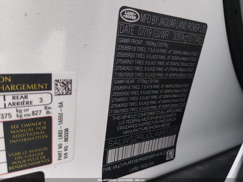 2020 Land rover Range rover sport VIN SALWS2RU0LA883336 IAAI salvage auction — FRONT END, Salvage - Greater Than 75% (Maryland), sold $10,600 on 2026-07-15 (photo 9)