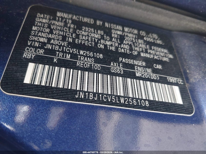 2020 Nissan Rogue VIN JN1BJ1CV5LW256108 IAAI salvage auction — REAR END, Wait Title, sold $5,300 on 2026-07-19 (photo 9)