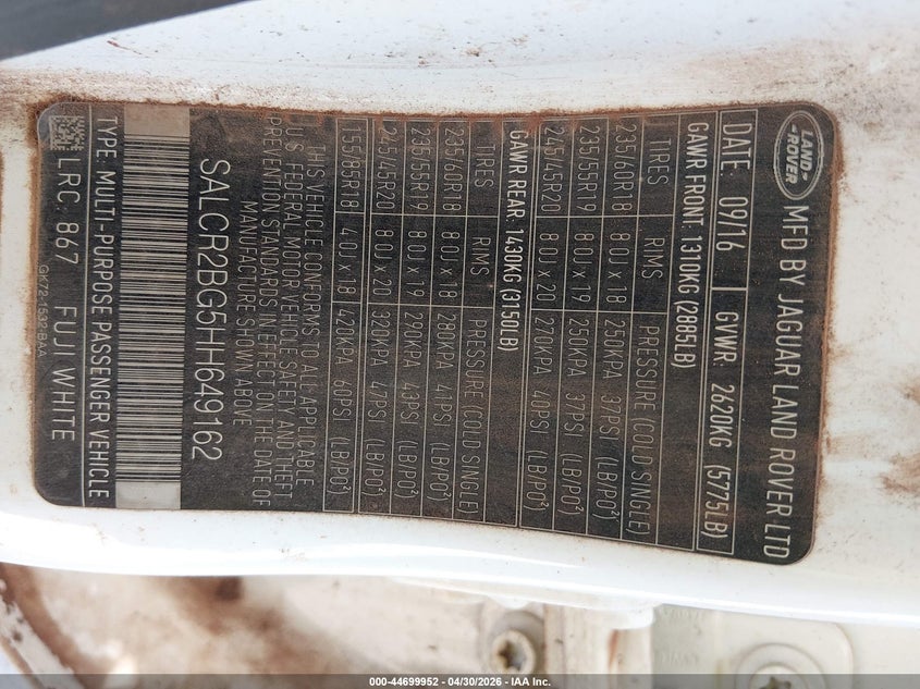 2017 Land rover Discovery sport VIN SALCR2BG5HH649162 IAAI salvage auction — WATER/FLOOD, Salvage (Hawaii), sold $125 on 2026-07-28 (photo 9)