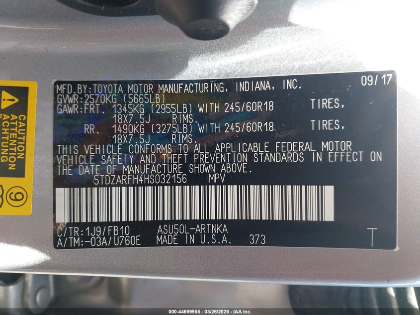 2017 Toyota Highlander VIN 5TDZARFH4HS032156 IAAI salvage auction — FRONT END, Salvage (Hawaii), sold $4,100 on 2026-07-14 (photo 9)