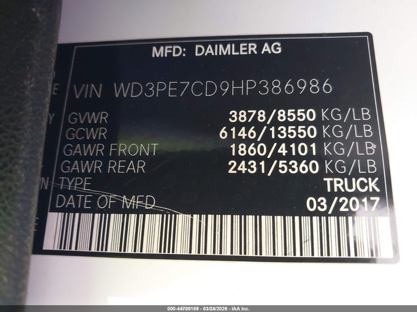 2017 Mercedes-benz Sprinter VIN WD3PE7CD9HP386986 IAAI salvage auction — LEFT SIDE, Wait Title, sold $2,300 on 2026-07-22 (photo 9)