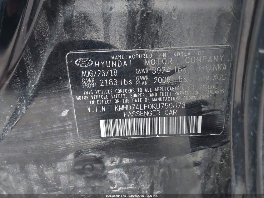 2019 Hyundai Elantra VIN KMHD74LF0KU759873 IAAI salvage auction — HAIL, Clear (Oklahoma), sold $3,150 on 2026-07-07 (photo 9)
