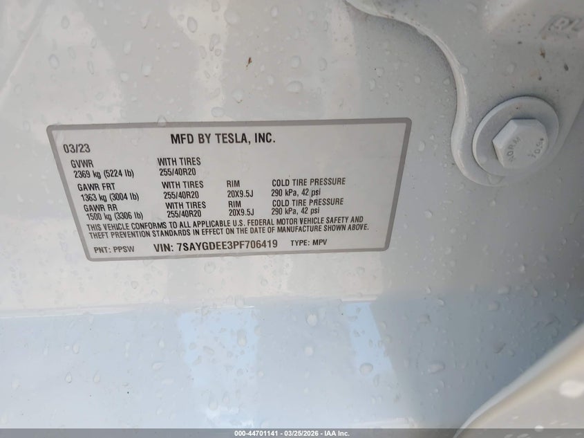 2023 Tesla Model y VIN 7SAYGDEE3PF706419 IAAI salvage auction — REAR END, Clear (Oklahoma), sold $12,600 on 2026-07-29 (photo 9)
