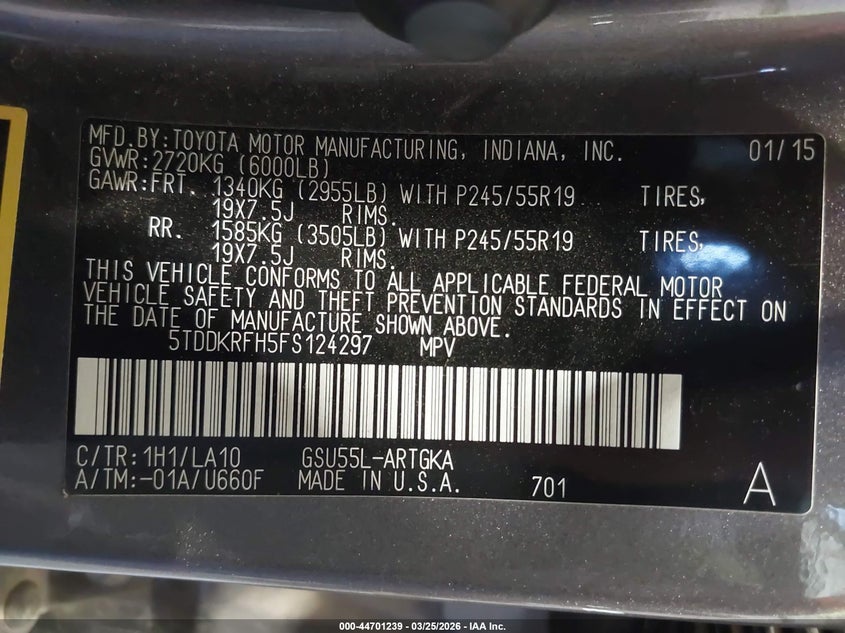 2015 Toyota Highlander VIN 5TDDKRFH5FS124297 IAAI salvage auction — RIGHT REAR, Clear (Missouri), sold $7,350 on 2026-07-20 (photo 9)