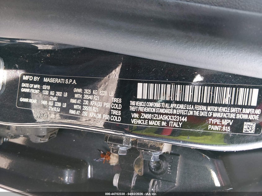 2019 Maserati Levante VIN ZN661ZUA5KX323144 IAAI salvage auction — LEFT FRONT, Salvage (Kentucky), sold $8,900 on 2026-08-03 (photo 9)