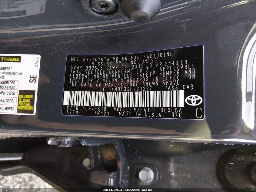 2025 Toyota Corolla VIN 5YFB4MDE3SP261237 IAAI salvage auction — LEFT FRONT, Wait Title, sold $4,600 on 2026-07-11 (photo 9)