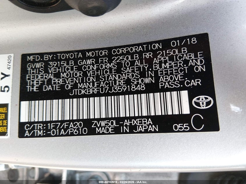2018 Toyota Prius VIN JTDKBRFU7J3591848 IAAI salvage auction — FRONT END, Wait Title, sold $3,100 on 2026-07-22 (photo 9)