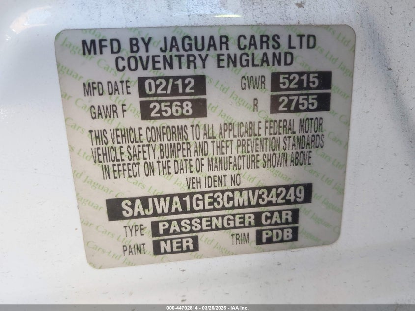 2012 Jaguar Xj VIN SAJWA1GE3CMV34249 IAAI salvage auction — NORMAL WEAR, Clear (Montana), sold $450 on 2026-07-28 (photo 9)