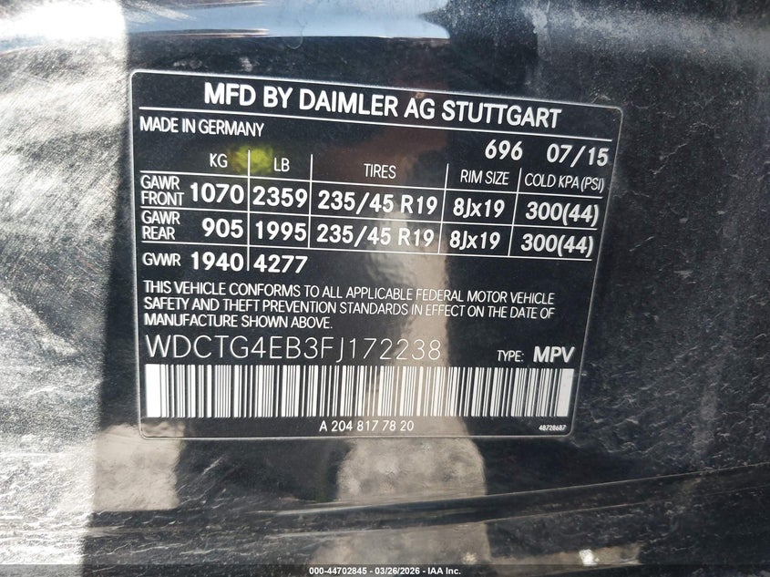 2015 Mercedes-benz Gla-klasse VIN WDCTG4EB3FJ172238 IAAI salvage auction — FRONT END, Clear (Oklahoma), sold $1,525 on 2026-07-28 (photo 9)