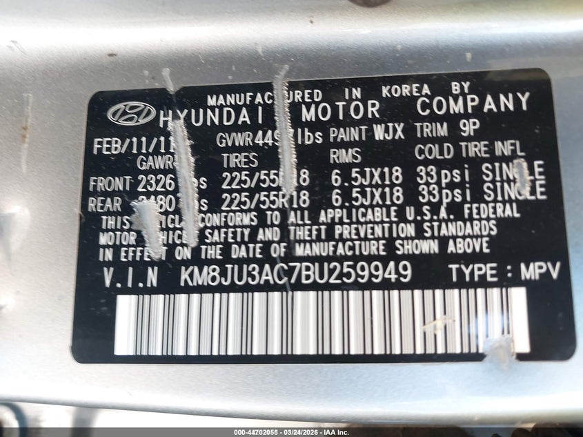 2011 Hyundai Tucson VIN KM8JU3AC7BU259949 IAAI salvage auction — LEFT FRONT, Salvage (Illinois), sold $675 on 2026-07-22 (photo 9)