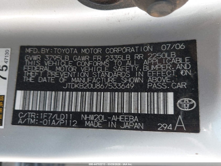 2006 Toyota Prius VIN JTDKB20U867533649 IAAI salvage auction — FRONT END, Salvage (Texas), sold $200 on 2026-07-07 (photo 9)