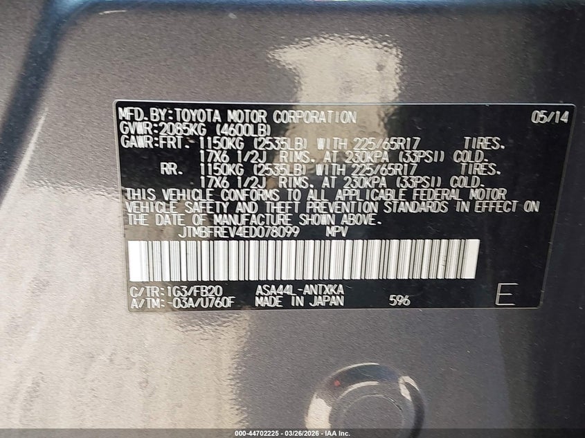 2014 Toyota Rav 4 VIN JTMBFREV4ED078099 IAAI salvage auction — REAR END, Wait Title, sold $3,825 on 2026-07-08 (photo 9)