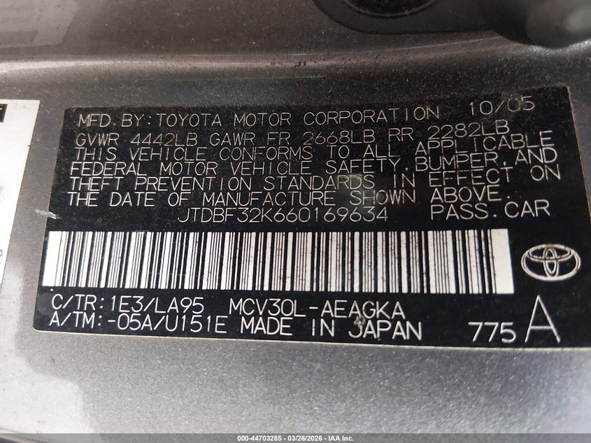 2006 Toyota Camry VIN JTDBF32K660169634 IAAI salvage auction — REAR END, Rebuildable (Florida), sold $500 on 2026-07-09 (photo 9)