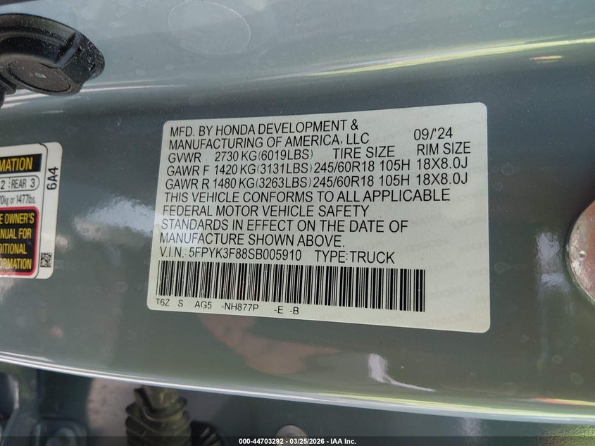 2025 Honda Ridgeline VIN 5FPYK3F88SB005910 IAAI salvage auction — LEFT FRONT, Wait Title, sold $11,900 on 2026-07-22 (photo 9)