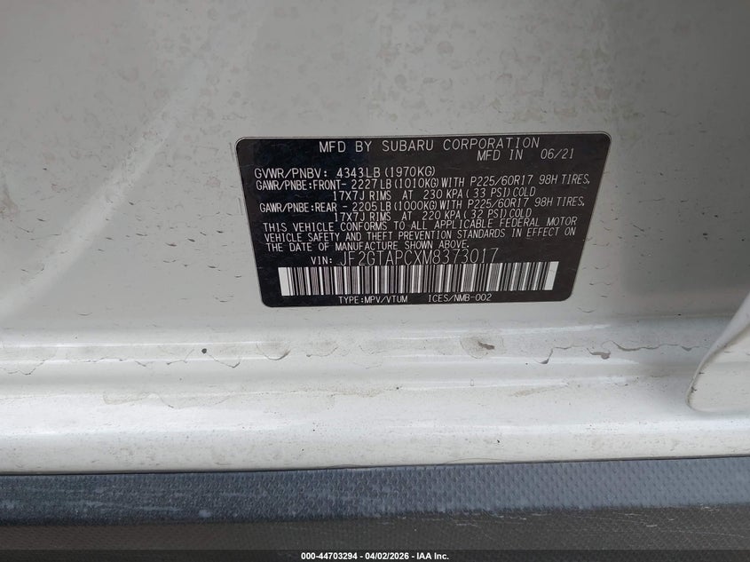 2021 Subaru Xv VIN JF2GTAPCXM8373017 IAAI salvage auction — LEFT REAR, Wait Title, sold $4,350 on 2026-07-13 (photo 9)