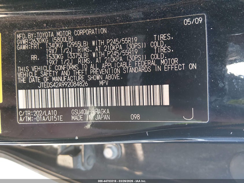 2009 Toyota Highlander VIN JTEDS42A992084826 IAAI salvage auction — RIGHT FRONT, Salvage (Mississippi), sold $3,150 on 2026-07-09 (photo 9)