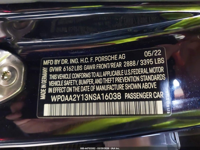 2022 Porsche Taycan VIN WP0AA2Y13NSA16038 IAAI salvage auction — LEFT SIDE, Mv-907A (New York), sold $37,400 on 2026-07-16 (photo 9)