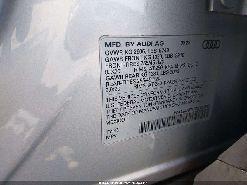 2023 Audi Sq5 sportback VIN WA124AFY7P2127840 IAAI salvage auction — FRONT END, Salvage (New Jersey), sold $11,500 on 2026-07-20 (photo 9)