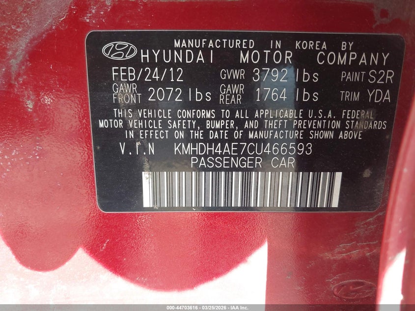 2012 Hyundai Elantra VIN KMHDH4AE7CU466593 IAAI salvage auction — FRONT END, Salvage (Pennsylvania), sold $225 on 2026-07-10 (photo 9)